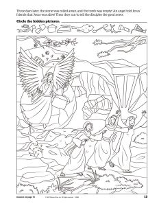 Printable -Coloring & Activity Page | Easter | (8-10) Easter Hidden Pictures | Angel & Women at Tomb